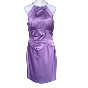 Eliza J Satin Sheen Chain HalterNeck Drape Waist Sheath Cocktail Dress Purple 8